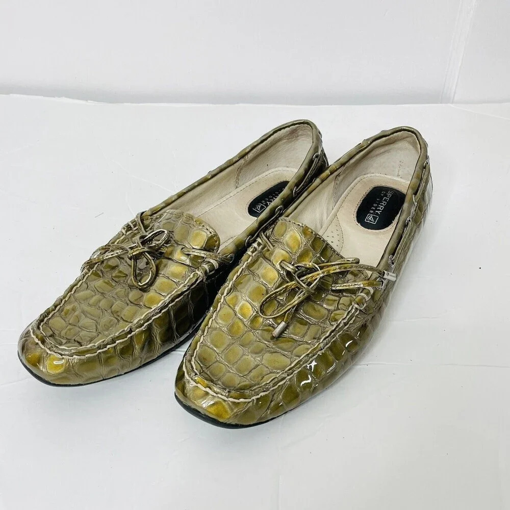 Sperry Top Sider Boat Loafer Leather Sz 7.5M Womens Croc Embossed Flats Green